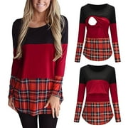 TUWABEII Women's Long Sleeve Maternity Shirt Women Long Plaid Print Nursing Tops for Breastfeeding