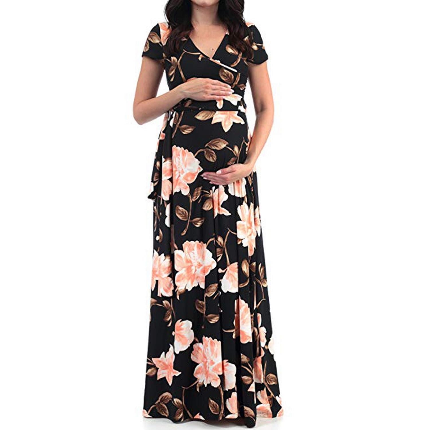Summer Savings Clearance Dezsed Long Maternity Dresses Women Casual Plus Size Pregnancy Dress V neck Short sleeved Belt Printed Maxi Maternity Dress