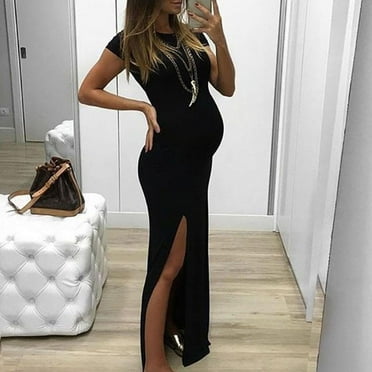 TUWABEII Women's Short Sleeve Maternity Dress Summer Round Solid Color Split Fork Fashion Skirt