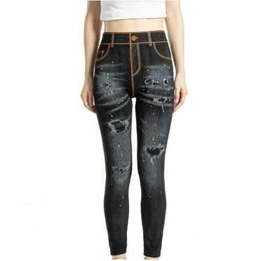 TUWABEII Women's Stretch Ankle Leggings Imitation Denim Printed Capris High Waisted Elastic Pencil Pants