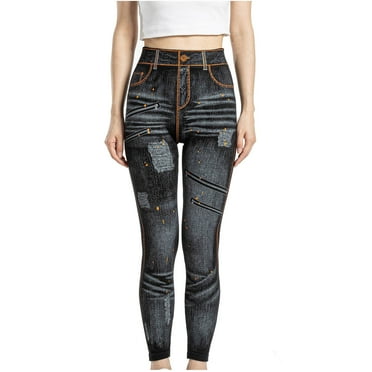TUWABEII Women's Stretch Ankle Leggings Imitation Denim Printed Capris High Waisted Elastic Pencil Pants
