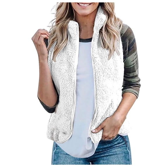 TUWABEII Women's Vests Women Pure Color Sleeveless Plush Cardigan Jacket Versatile Zipper Blouse