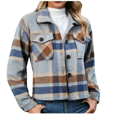 TUWABEII Womens Plaid Shirts Flannel Jacket Fashion Long Sleeved Print Designs Button Woolen Pockets Outwear