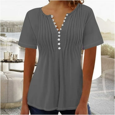 TUWABEII Womens V-neck Tee Printed Button Up Short Seeved Top Under $15