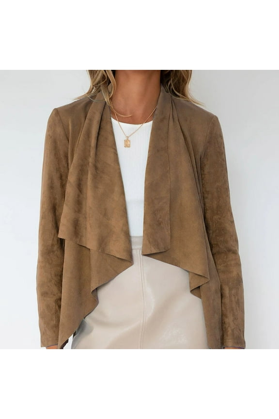 TUWABELL Faux Suede Jacket for Women,Woman's Lapel Solid Color Deerskin Velvet Short Cardigan Jacket Top