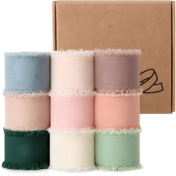 TUWAFE 1" X 27 Yd Chiffon Silk Ribbon Mixed Color Ribbons Set 3 Yd X 9 Rolls Fringe Fabric for Wedding Invitations Bridal Bouquets Party Decoration Gift Wrapping Bow Making