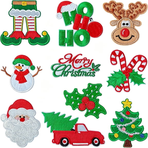 TUWAFE 10 Pcs Christmas Iron on Patches,Cute Reindeer,Santa Claus,Snowmen,Christmas Trees Xmas Embroidered Patches for Clothing,Socks,Backpacks,Jeans,Hats,Diy Decorations