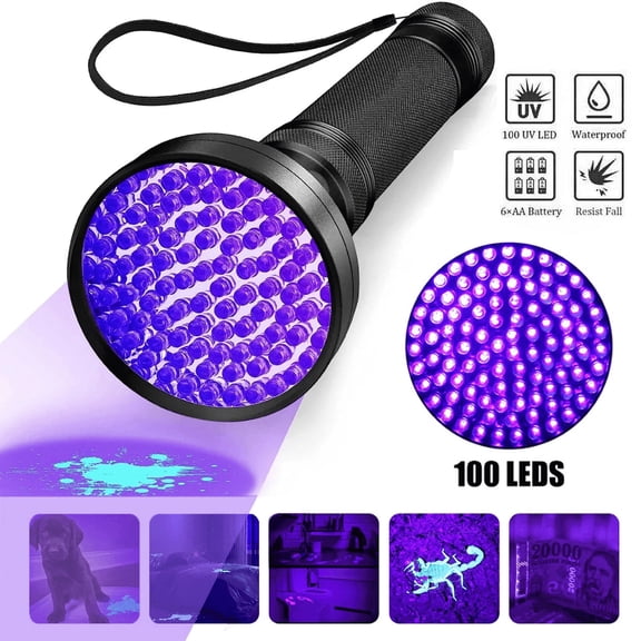 TUWAFE 100 LED Black Light Flashlight, 8 inch UV Flashlight for Pet Urine Detection, Dry Stains, Bed Bug, Resin Curing, Scorpions Finder, Wildlife Tracks Outdoors, 365nm Wide Beam, Bright