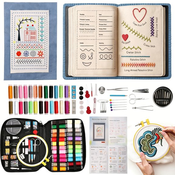 TUWAFE 100 Pcs Complete Embroidery Stitch Book Kit with Includes Step-By-Step Instructions,Hoops,Threads,Needles&Fabric,All-In-One Portable Starter Set for Adult Beginners&Diy Craft Enthusiasts