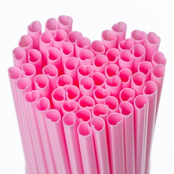 TUWAFE 100 Pcs Heart Shaped Pink Straws Disposable Plastic Cute Straw Individually Wrapped Valentines Day Cocktail Birthday Party Bridal Shower Wedding Supplies