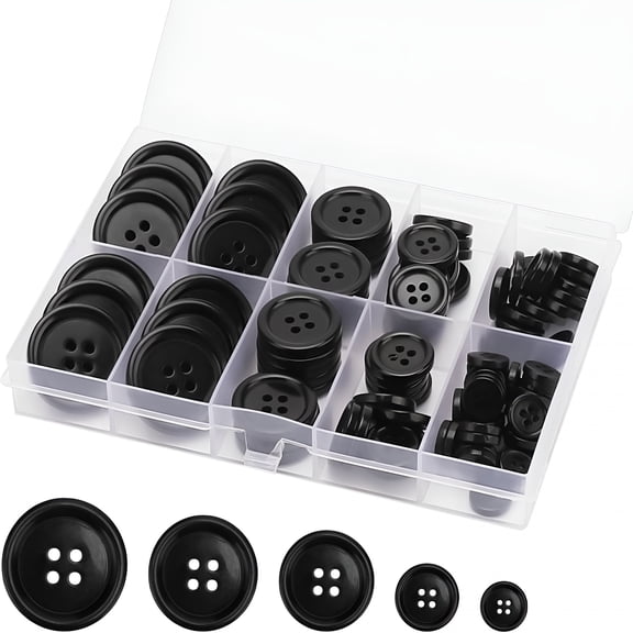 TUWAFE 100 Pcs Premium Mixed Resin Sewing Buttons, Eco-Friendly 4-Hole Craft Buttons, 5 Sizes of Black Buttons Suitable for Sewing, DIY and Holiday Decoration (Black)