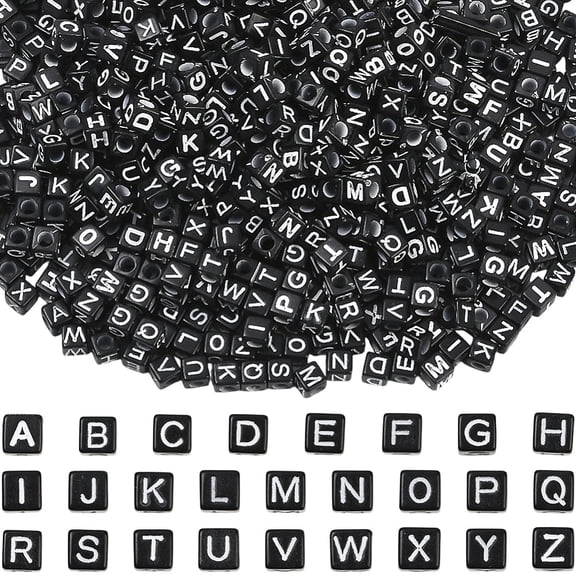 TUWAFE 1000Pcs Black Square Letter Bead Alphabet Cube Beads Bulk 6 X 6Mm Acrylic Random a to Z Initial Loose Charms Spacers Kit