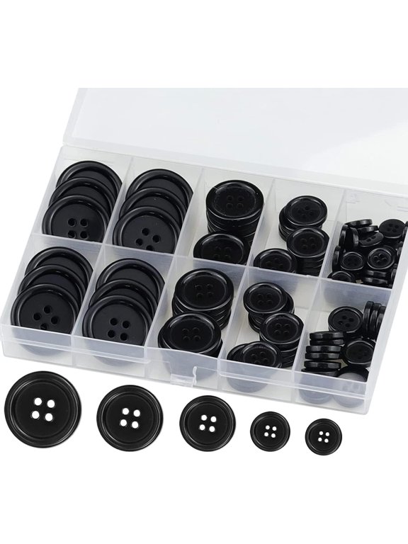 100Pcs Black Sewing Buttons, 4-Hole Craft, 5 Sizes, with Compartment Storage Box, Suitable for Sewing, Suit Coat Shirt Buttons, DIY Decoration (Black)