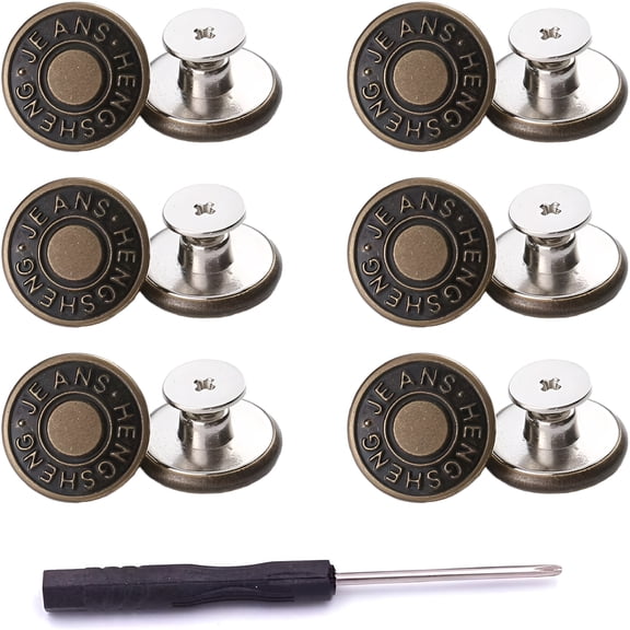TUWAFE 12 Pcs 17mm Metal Jeans Buttons with Screwdriver, No-Sew Nailess Thread Rivets, Removable Replacement Button Extenders for Pants, Jackets