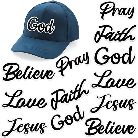 TUWAFE 12 Pcs Christian Iron on Patches for Hat 4-6 Inch Embroidered Christian Patches Bulk Easter Motivational Religious Sew on Applique for Clothes Backpack Diy Accessories(Black with White Trim)