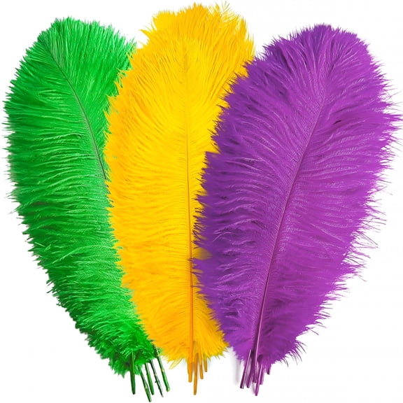TUWAFE 12 Pcs Gold Green Purple Ostrich Feathers 10-12 Inch(25-30 Cm) Bulk for Mardi Gras Diy Clothing and Accessories Masquerade Party Decorations Table Centerpiece