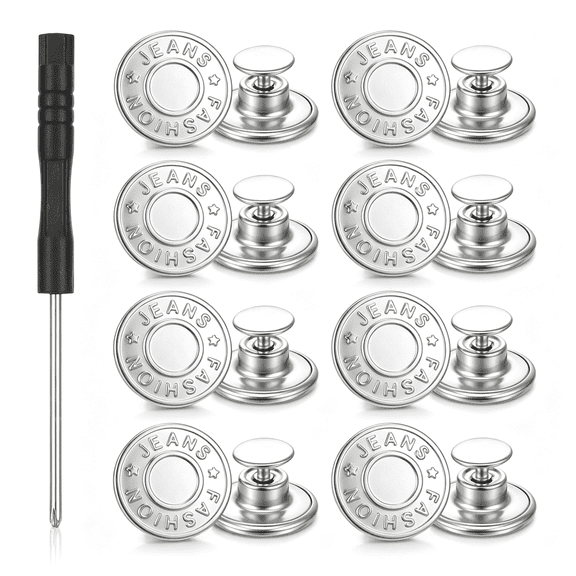TUWAFE 12 Pcs Metal Jean'S Button,17Mm No-Sew Removable Buttons for Clothes Pants Jeans Button Replacement Buttons Repair Kit with Thread Rivets & Screwdriver(Silver)