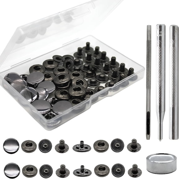 TUWAFE 12 Set Leather Snap Fasteners Kit,15Mm Metal Snap Buttons Kit Press Studs with 4 Install Tools,Rivets and Snaps for Clothing,Jeans,Jackets,Bracelets,Bags