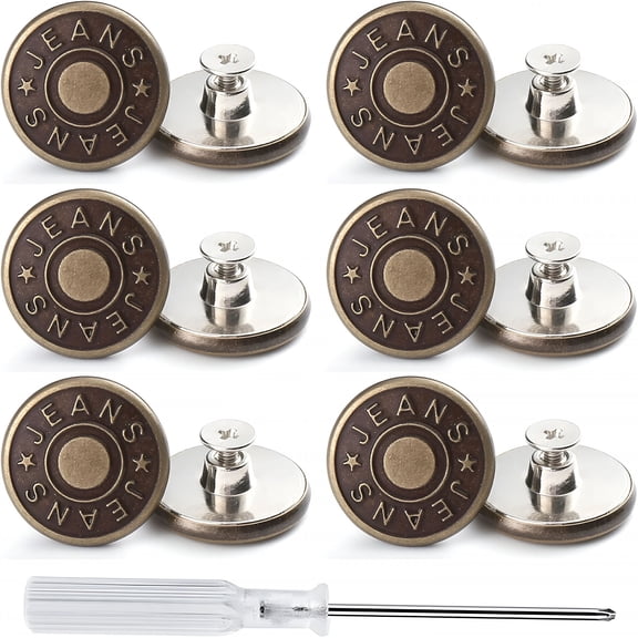 TUWAFE 12 Sets Adjustable Buttons for Jeans, 20mm No Sew Instant Metal Buttons, Removable Jean Buttons Replacement Repair Kit with Threads Rivets and Screwdriver