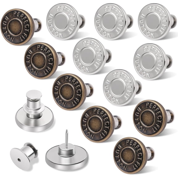 TUWAFE 12 Sets Button Pins for Loose Jeans, No Sew and No Tools Instant Replacement Snap Tack Pant Button, Reusable and Adjustable Metal Pants Tightener