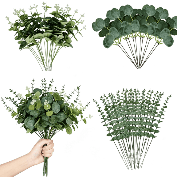 TUWAFE 120 Pcs Mixed Artificial Eucalyptus Stems,Faux Silver Dollar Eucalyptus Leaves ,Greenery Fillers for Diy Bouquets,Wedding Centerpieces,Floral Arrangements,Home Decor