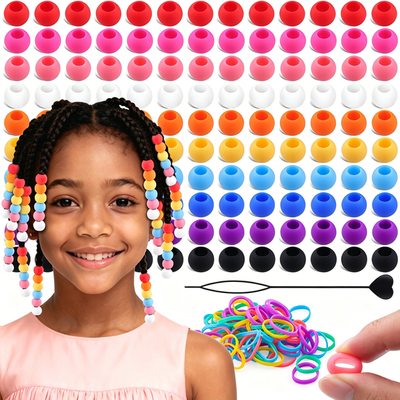 TUWAFE 120Pcs 14Mm Large Silicone Beads for Hair Braids,Soft Hair Beads with 7Mm Hole + 50 Rubber Bands and 1 Beader for Braiding,Diy Bracelets Necklaces Crafts (Multicolors)
