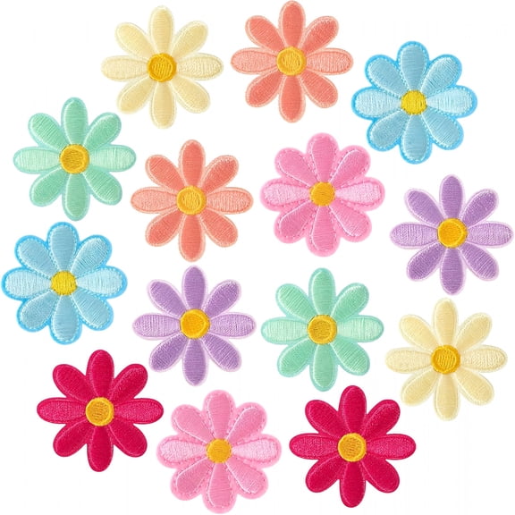 TUWAFE 14 Pcs Flower Iron on Patches,Cute Daisy Flower Applique Patch,Sew on Embroidered Applique Sewing Patches for Bags,Jackets,Jeans,Clothes Diy Patches,1.57X1.57Inch (W*H),7 Colors