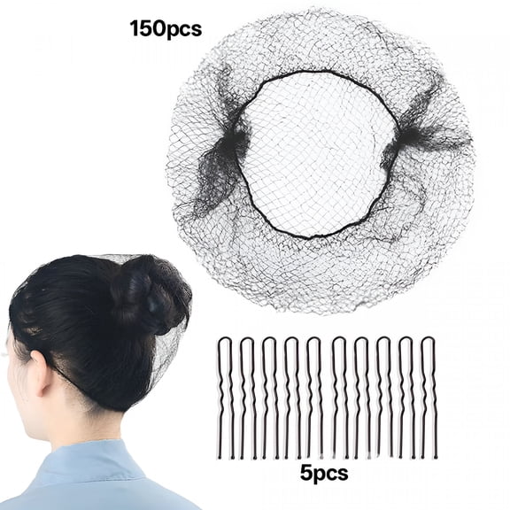 TUWAFE 150Pcs Hair Net Black Set-24 Inches Invisible Elasticity Elastic Mesh Nylon Hair Net 144 Pcs-Kitchen Food Service Worker,Ballet Bun,With 10Pcs U Shaped Hair Pins 2.4Inch