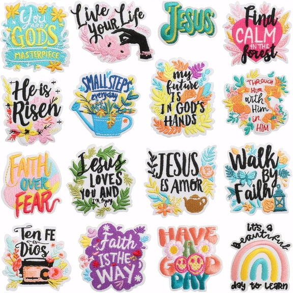 TUWAFE 16Pcs Classic Christian Patches, Religious Sayings Embroidered Patch for Clothes, Embroidered Iron on Patch for Christian Hats/Backpacks/Clothes Diy Decoration