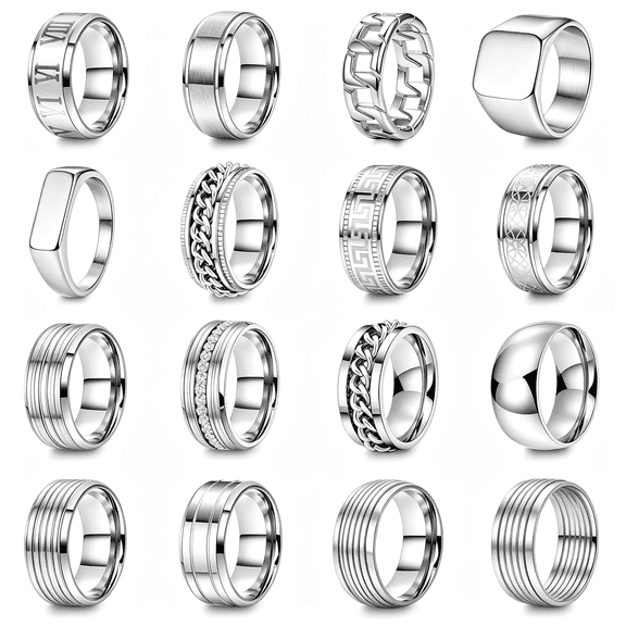 TUWAFE 16Pcs Silver Stainless Steel Rings Set for Men 8Mm Spinning Cuban Link Chain Band Rings Square Signet Hammered Roman Numeral Silver Rings Engagement Wedding Promise Rings Set Size7-13