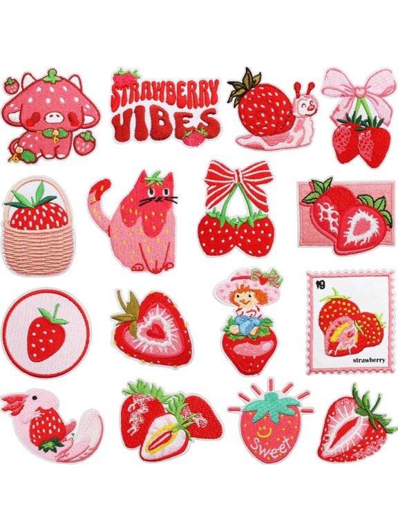 16Pcs Strawberry Cartoon Kids Embroidered Patches, Sew/Iron on Repair Applique Embroidery Patches for T-Shirt, Jackets, Jeans, Vests,Hats, Backpacks,Bags