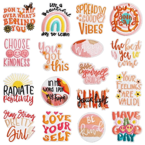 TUWAFE 17 Pcs Pink Inspirational Iron on Patches for Women, Cute Embroidered Craft Iron Patch for Mending, for Clothes/Jeans/Hats/Backpacks/Jackets DIY Decoration
