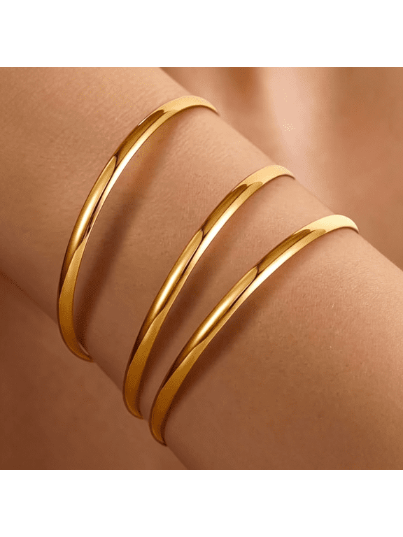 18K Gold Plated Bangles for Women Stainless Steel Glossy Stackable Thin Round Bracelets Solid Plain Polished Bangles Bracelets Set of 3 Jewelry for Women