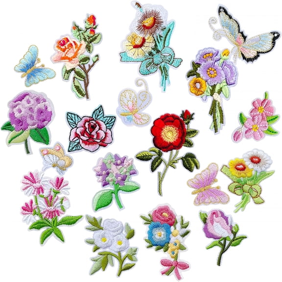 TUWAFE 18Pcs Iron on Patches,Mini Flower&Butterfly Embroidered Patch Set,Sew On/Iron on Patch Applique for Clothes Dress Hats Backpacks Jacket Jeans Diy Accessories
