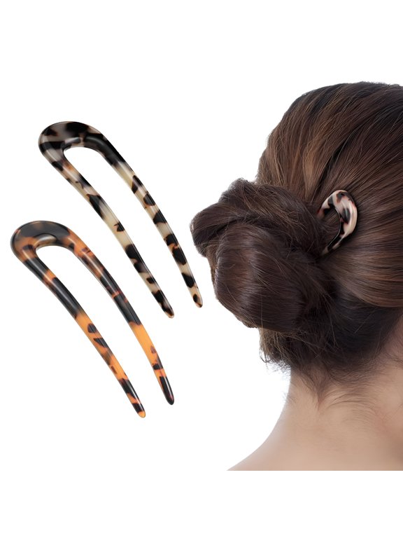 2 Pack French Style Cellulose Acetate U Shaped 4.7 Inch Hair Pins Fork 2 Prong Updo Chignon Pin for Women Girls Hairstyle AccessoriesTortoiseshell and White Tortoiseshell)