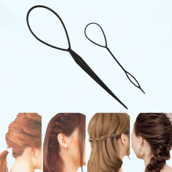 TUWAFE 2 Pack Hair Loop Styling Tool Set for Girls, Ponytail Maker and French Braid Tool with Pull Through Needle, Easy DIY Braiding Accessories for Kids, Small and Large Sizes