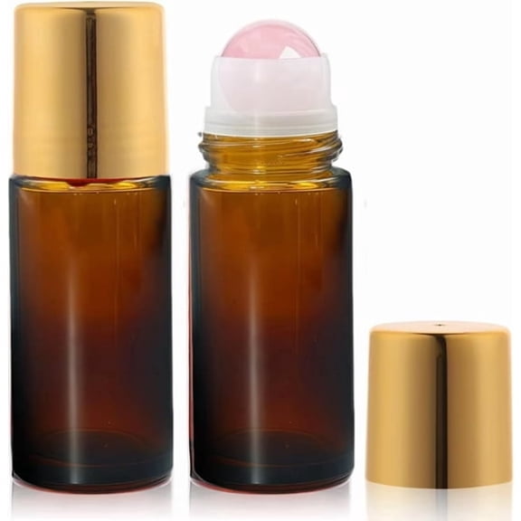 TUWAFE 2 Pack Rose Quartz Roller Bottles for Essential Oils,50Ml Refillable Amber Glass Roll on Bottles with Natural Crystal Roller Balls,Leak-Proof Travel Perfume Bottle with Gold Caps