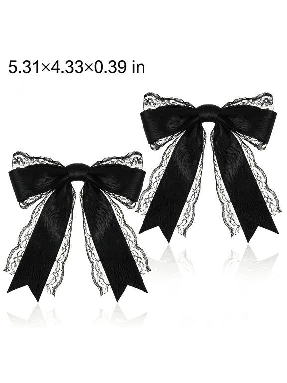 2 Pcs Black Lace Hair Bow, Gothic Black Bow Clip Blacks Ribbon,Bows, Black Hair Bow with Long Tail for Women & Girls, Wedding, Halloween, Dress Decor, Party Accessories, Gift