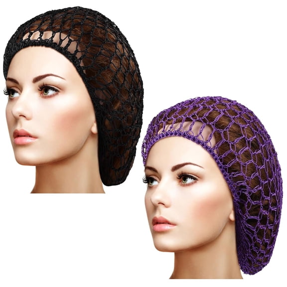 TUWAFE 2 Pcs Hair Nets Snood for Women Food Service Worker Sleeping Long Hair Cap Mesh Crochet Hairnet Tubi Wrap Rayon Knit(2 Pcs Hair Nets for Women Black, Purple)