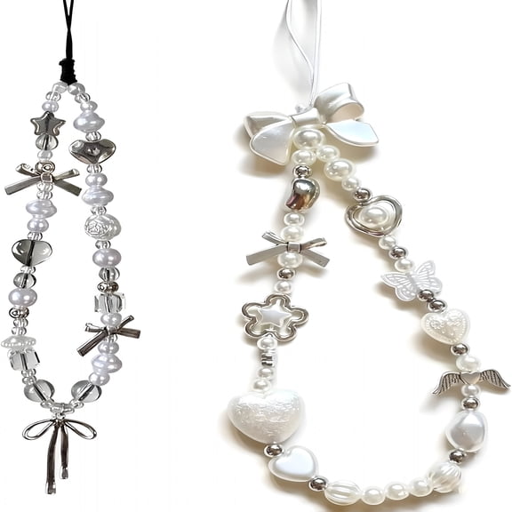 TUWAFE 2 Pcs Phone Charm Strap Hand for Wrist Strap Camera Lanyard Pearl Beaded Cute Chain String Accessories Universal for Phone Women Girls Keychain Pearl Heart