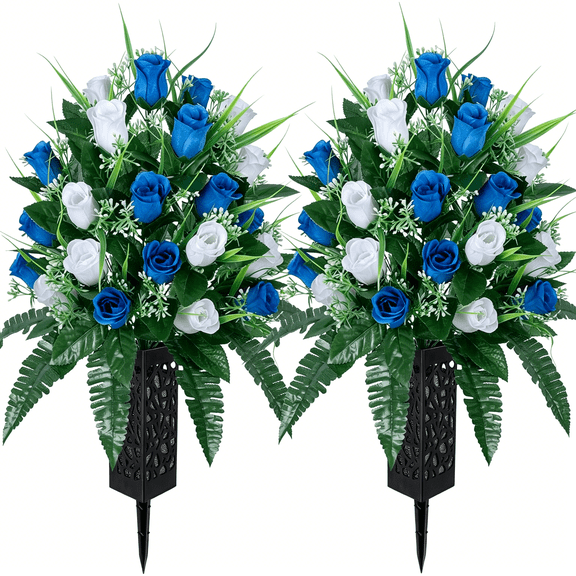 TUWAFE 2 Sets Artificial Cemetery Flowers,Outdoor Grave Decorations Roses,Beautiful Arrangements Bouquet with Cemetery Vase,Lasting and Non-Bleed Colors (White+Dark Blue)