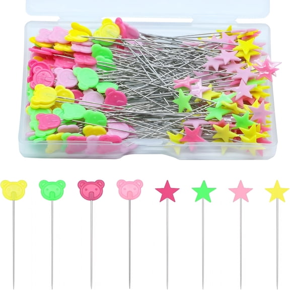 TUWAFE 200 Pcs Flat Head Straight Pins,Pentagram and Little Bear Head Sewing Pins Colored Head Straight Pins Positioning Quilting Pins for Fabric Crafting Dressmaker Jewelry Decoration