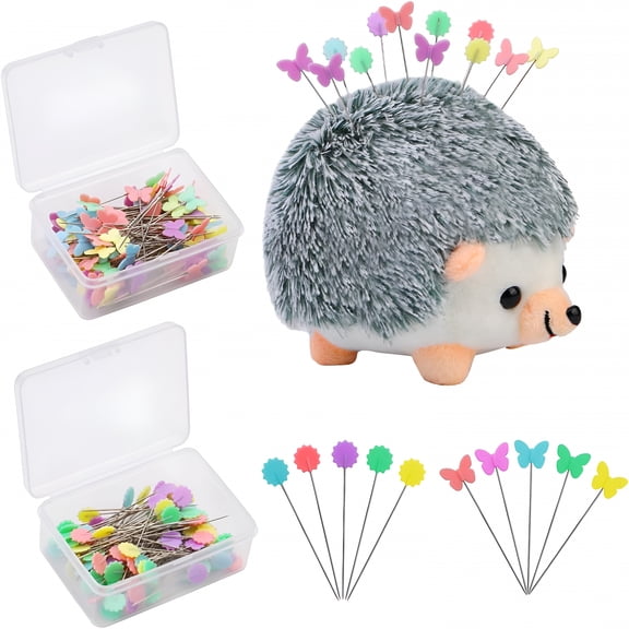 TUWAFE 200 Pieces Flat Head Straight Pins Hedgehog Pincushion Kit, Big Pincushion with Clear Storage Box and Quilting Pins, Colorful Head Straight Sewing Pins for Handicrafts DIY Sewing