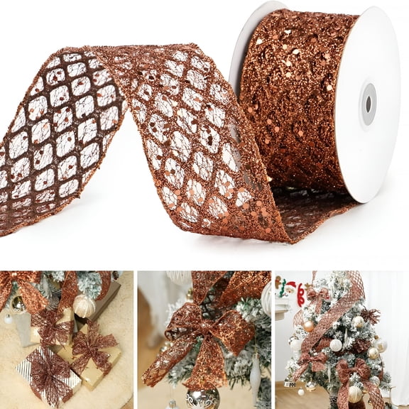 TUWAFE 2026 New 1 Roll 2.5 Inch Glitter Diamond Mesh Wired Ribbon for Christmas Tree Gift Wrapping Crafts Bows Wreaths Garland Tree Topper Holiday Decor 10 Yards