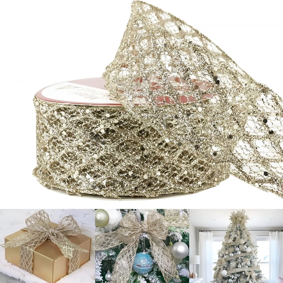 TUWAFE 2026 New 1 Roll 2.5 Inch Glitter Diamond Wire Edge Christmas Ribbon for Holiday Tree Bows Making Wreath Supplies for Diy,Home,Party Garland Home Decor Crafts-10 Yards