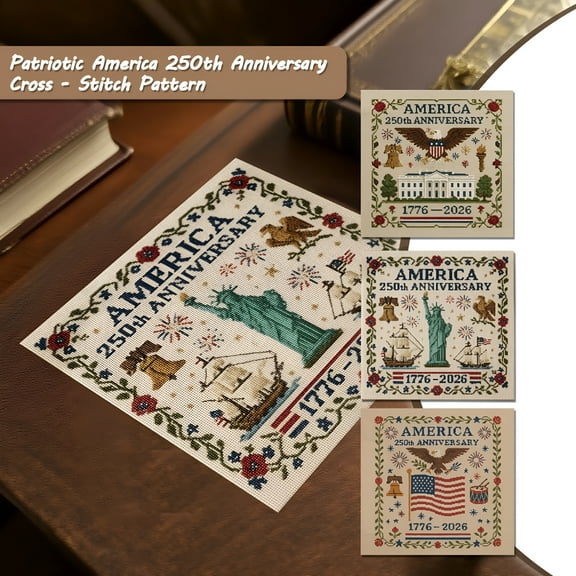 TUWAFE 2026 New 10*10 Us 250Th Anniversary Cross Stitch Kit Personalized Patriotic Cross Stitch Kits Commemorative Embroidery for Beginners Stamped and Counted Style Gifts-Three-Piece Set