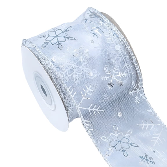 TUWAFE 2026 New 1Pc 2.5 in Wide Christmas Wired Ribbon Snowflake Organza Sheer Glitter Ribbon for Xmas Tree,Wreath,Party Decoration,Gift Wrapping(Silver,30 Ft)