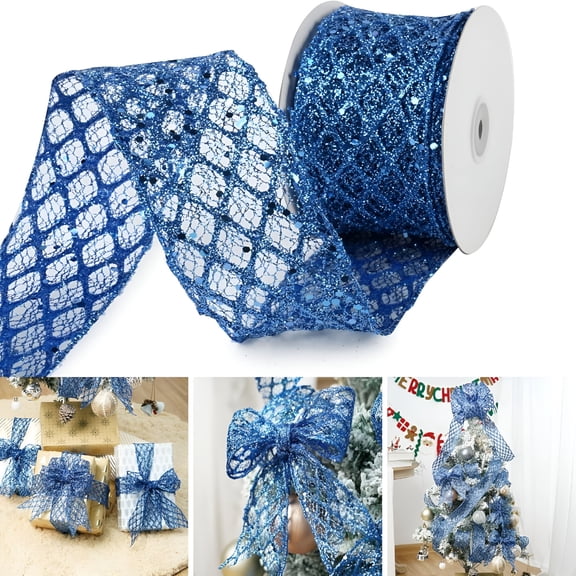 TUWAFE 2026 New 1Roll 2.5 Inch Glitter Diamond Mesh Wired Ribbon for Christmas Tree Gift Wrapping Crafts Bows Wreaths Garland Tree Topper Holiday Decor 10 Yards