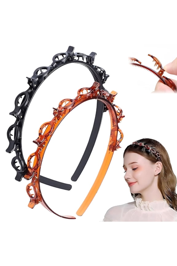 2026 New 2 Pcs Headband with Clips,Butterfly Clip Headband,Headband with Clips Attached,Toothed Headband Braid Tool,Women Girls Fashion Hair (Black and Brown)
