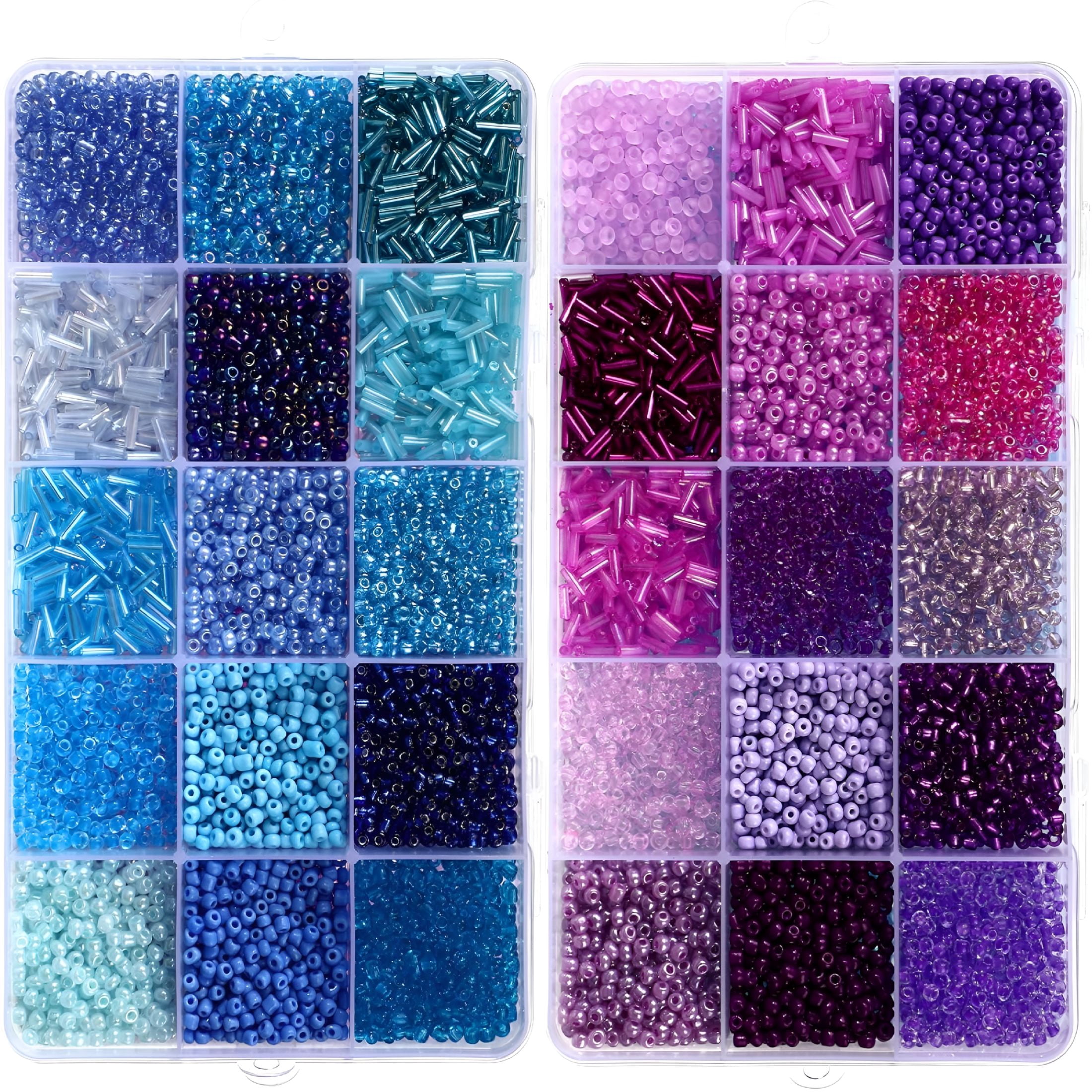 TUWAFE 2026 New 30 Colors Glass Seed and Bugle Beads Kit 2 Organizer Boxes Loose Beads for Jewelry Making Diy Crafts Bracelets and Necklaces(Blue and Purple)